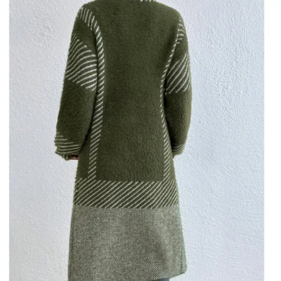 open front striped print fuzzy sweater knit duster cardigan green - Picture 3 of 7